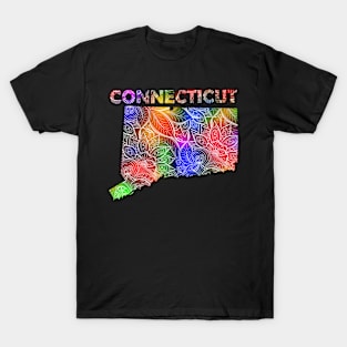 Colorful mandala art map of Connecticut with text in multicolor pattern T-Shirt